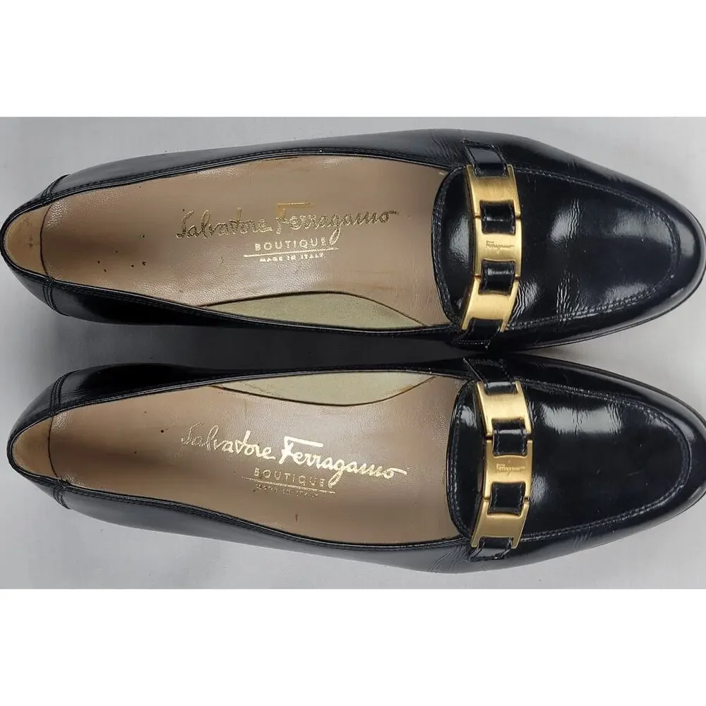 Vintage Salvatore Ferragamo Black Leather Gancini Loafers 5.5 Italy